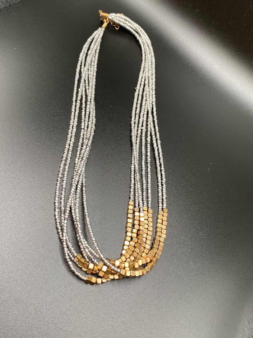 Vintage Boho Multi-Strand Gray & Gold tone Beaded Necklace